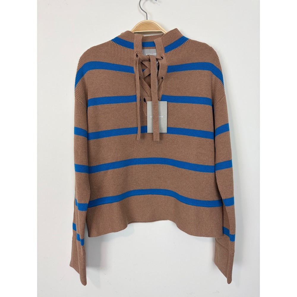 Everlane Lace Up Smock Sweater Knit Chestnut Brown Blue Striped Wool Blend Small